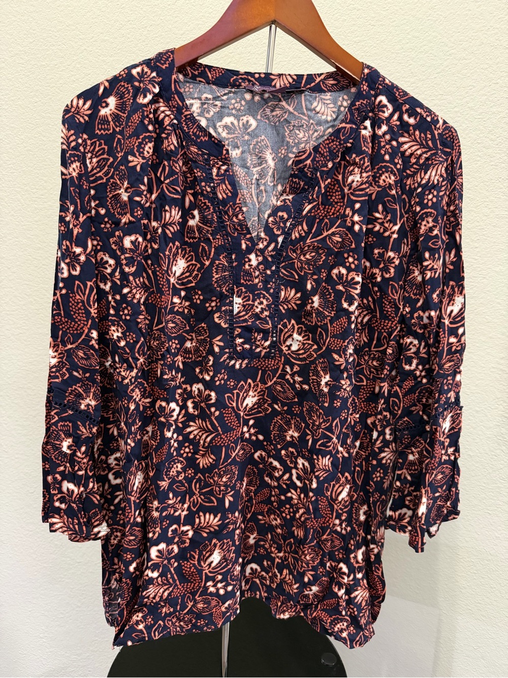 Vera Wang Navy Blouse with Pink Floral Pattern
